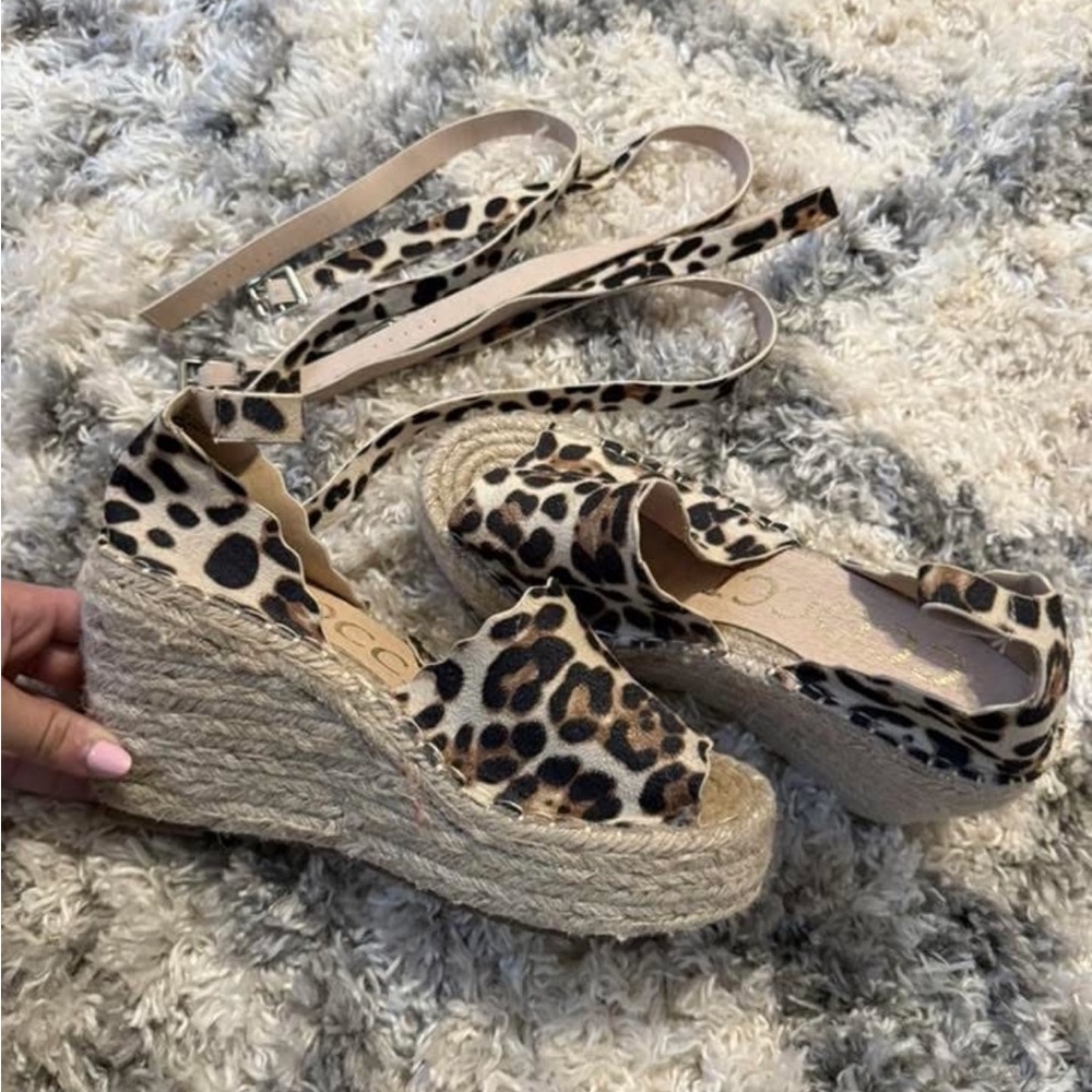 Leopard Print Wedge Sandals with Wrap Straps
